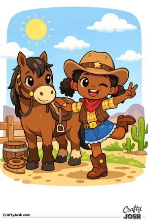 Yeehaw! This cheerful cowgirl is testing her balance while her trusty horse stands close by for support.