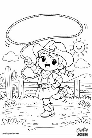 Yeehaw! This cheerful cowgirl is having a blast practicing her lasso tricks with a giant loop swirling through the sky.