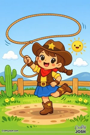 Yeehaw! This cheerful cowgirl is having a blast practicing her lasso tricks with a giant loop swirling through the sky.
