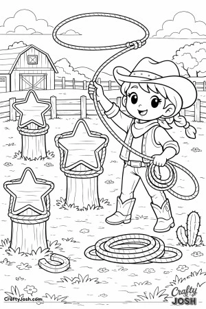 A cheerful cowgirl swings her lasso as she practices hitting star-shaped targets.