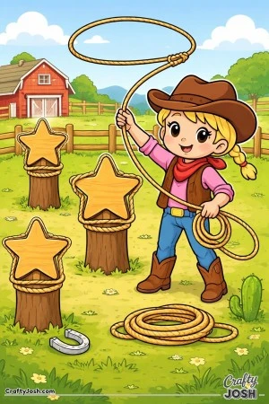 A cheerful cowgirl swings her lasso as she practices hitting star-shaped targets.