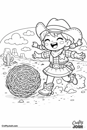 This silly cowgirl can’t stop laughing as she races a runaway tumbleweed across the open desert.