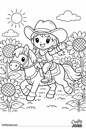 A happy cowgirl rides her friendly pony straight through a field of towering sunflowers, waving as she goes.