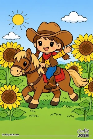 A happy cowgirl rides her friendly pony straight through a field of towering sunflowers, waving as she goes.