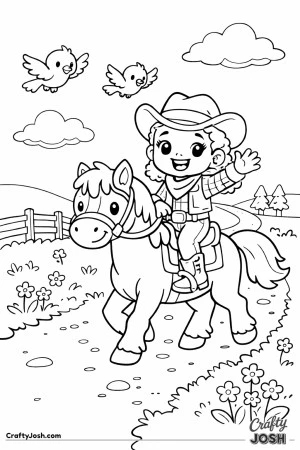 Saddle up for a cheerful trail ride as a happy cowgirl waves hello from her trusty horse.