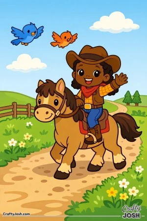 Saddle up for a cheerful trail ride as a happy cowgirl waves hello from her trusty horse.