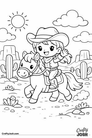Saddle up for a sunny desert adventure with this happy cowgirl and her trusty horse.