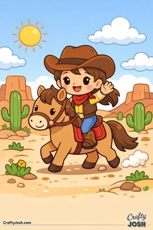 Saddle up for a sunny desert adventure with this happy cowgirl and her trusty horse.