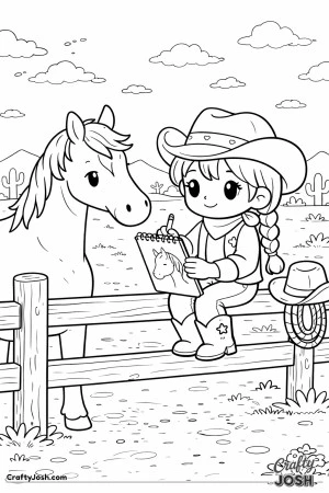 Perched on a wooden fence, this creative cowgirl captures her horse in a cheerful sketch