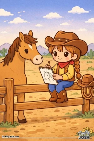 Perched on a wooden fence, this creative cowgirl captures her horse in a cheerful sketch