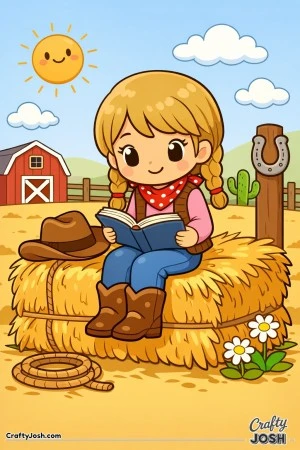 Settle into a peaceful prairie moment with this sweet cowgirl enjoying her favorite book