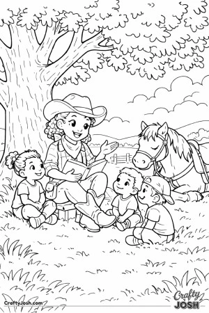 A friendly cowgirl shares a magical story beneath a shady tree while curious kids listen with wide smiles.