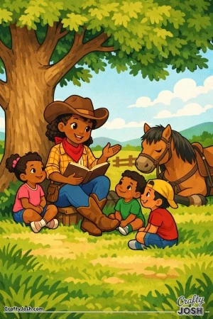 A friendly cowgirl shares a magical story beneath a shady tree while curious kids listen with wide smiles.