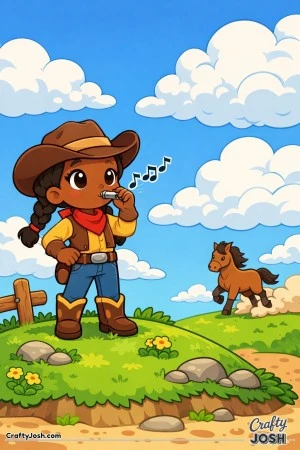 High on a grassy hill, a brave cowgirl blows her whistle into the wide open sky.