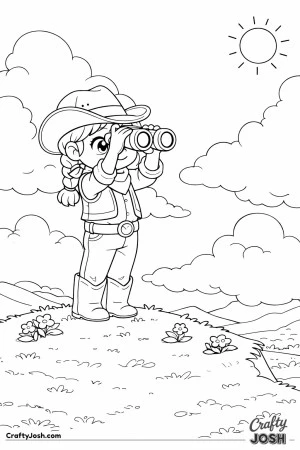 A brave little cowgirl stands tall on a grassy hill, scanning the horizon with her trusty binoculars.