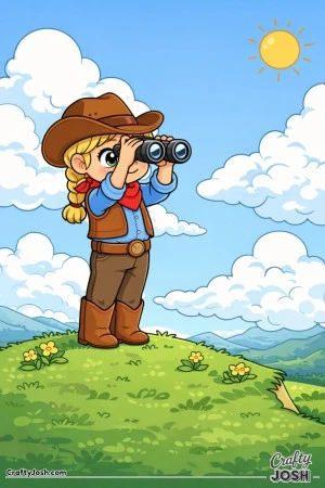 A brave little cowgirl stands tall on a grassy hill, scanning the horizon with her trusty binoculars.