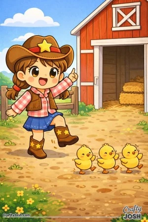 This playful cowgirl is on the farm teaching her tiny chicken friends how to march in a line.