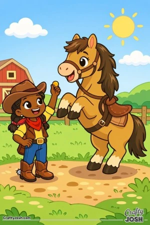 A happy cowgirl is teaching her horse a fun new trick using a tasty treat as a reward.