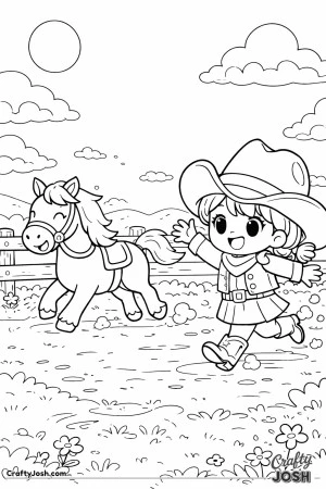 This playful cowgirl is racing across the ranch as her mischievous horse trots away with a grin.