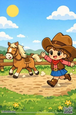 This playful cowgirl is racing across the ranch as her mischievous horse trots away with a grin.