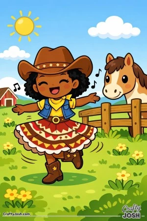 This happy cowgirl is twirling with joy, her skirt spinning as wide as her smile.