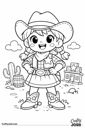 Meet a fearless little cowgirl sheriff, standing tall with hands on her hips and a big confident smile.