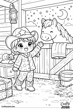 As the moon glows outside the barn, this sleepy cowgirl waves goodnight to her best horse friend.
