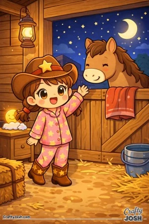 As the moon glows outside the barn, this sleepy cowgirl waves goodnight to her best horse friend.