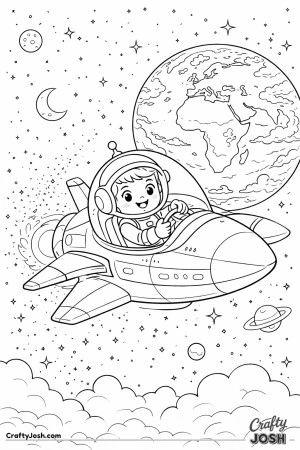 Astronaut steers a sleek spaceship through a starry sky with Earth, the moon, and a ringed planet nearby above fluffy clouds