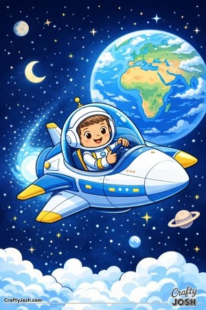 Astronaut steers a sleek spaceship through a starry sky with Earth, the moon, and a ringed planet nearby above fluffy clouds