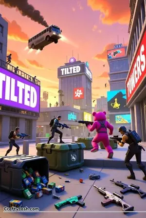 Tilted Towers is one of the most iconic locations in Fornite, and this scene also has Cuddle Team Leader in action