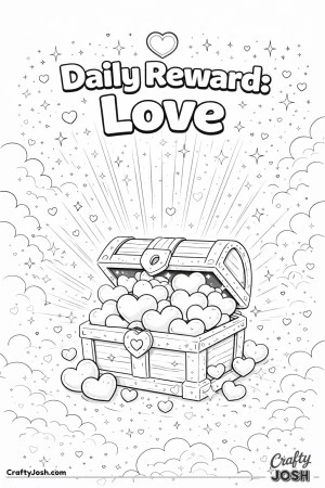 This cheerful Valentine’s Day coloring page features a treasure chest bursting open with hearts and the message “Daily Reward: Love.”