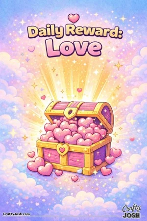 This cheerful Valentine’s Day coloring page features a treasure chest bursting open with hearts and the message “Daily Reward: Love.”