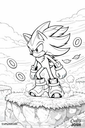 Shadow the Hedgehog lands on a grassy platform with knees bent as dust puffs rise and rings float nearby in the sky