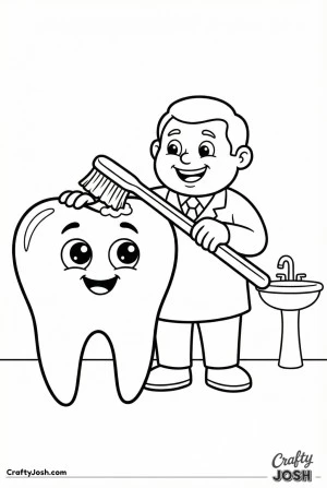 Dentist brushing giant tooth coloring page