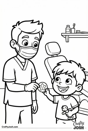 Dentist giving sticker to child coloring page