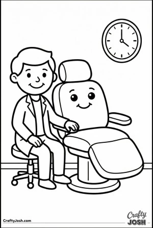 Dentist with friendly dental chair coloring page