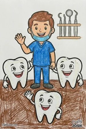 Dentist with happy tooth friends coloring page