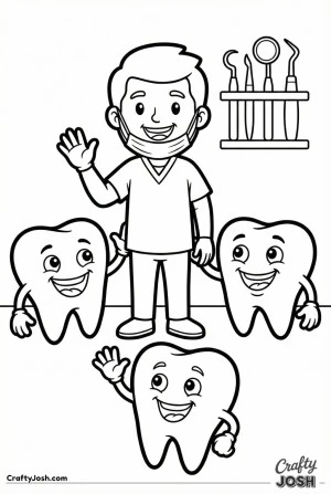 Dentist with happy tooth friends coloring page
