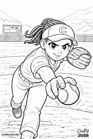 A young baseball pitcher is shown in a close-up moment releasing the ball from her fingertips, arm fully extended and eyes focused straight ahead on ..