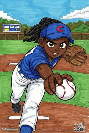 A young baseball pitcher is shown in a close-up moment releasing the ball from her fingertips, arm fully extended and eyes focused straight ahead on ..