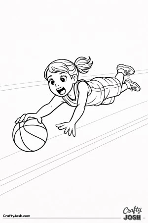 A young basketball player dives forward to save a loose ball near the sideline, stretching her body and reaching with one hand in a moment of urgency