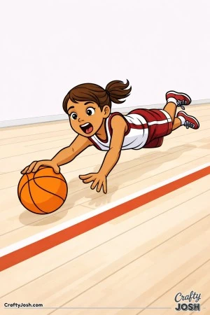 A young basketball player dives forward to save a loose ball near the sideline, stretching her body and reaching with one hand in a moment of urgency