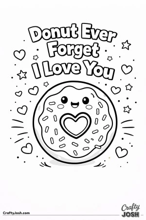 This fun Valentine’s Day coloring page features a smiling donut with sprinkles and a heart-shaped center alongside the phrase “Donut Ever Forget ..