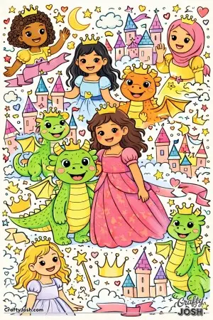 With stars, moons, banners, and smiling dragons everywhere you look, this fantasy scene feels full of energy and imagination