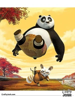 One panda airborne, one master unimpressed, and gravity caught in the middle.