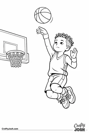 A youth basketball player is shown mid-air at the peak of a jump shot, releasing the ball toward a simple hoop with calm focus and controlled form