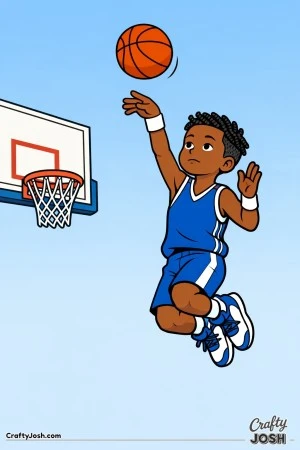 A youth basketball player is shown mid-air at the peak of a jump shot, releasing the ball toward a simple hoop with calm focus and controlled form