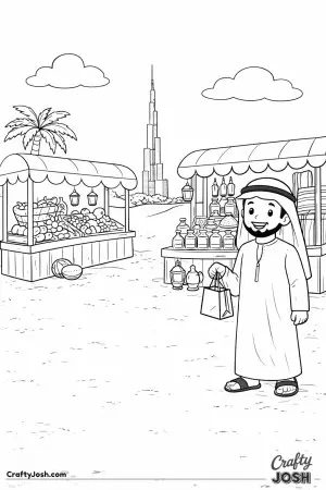 This lively Dubai market scene shows a happy shopper visiting colorful stalls beneath a sunny sky