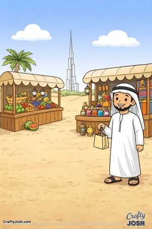 This lively Dubai market scene shows a happy shopper visiting colorful stalls beneath a sunny sky
